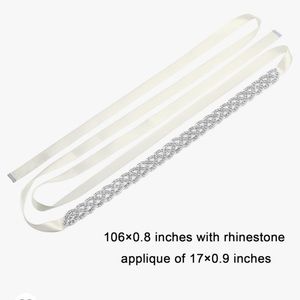 Hiceeden Rhinestone Bridal Belt Silver Crystal Bridal Sash with White Ribbon